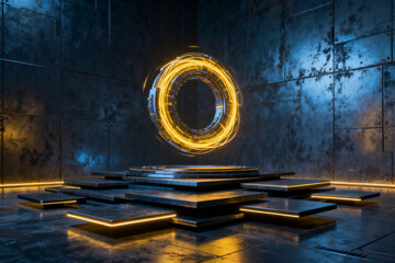 Futuristic glowing ring in industrial setting
