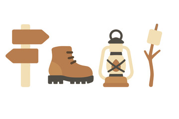Essential gear for hiking and camping including boot, lantern, signpost, and marshmallow stick