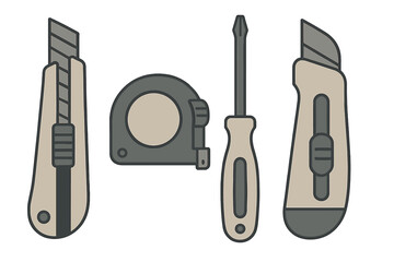 Essential construction and repair hand tools: utility knives, tape measure, and screwdriver on white