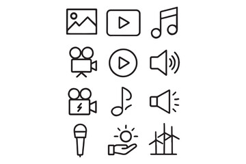 Media Icons Set Photography, Video, Audio, and Renewable Energy Symbols