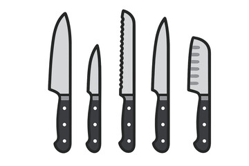 Set of essential kitchen knives including chef utility and serrated bread blades