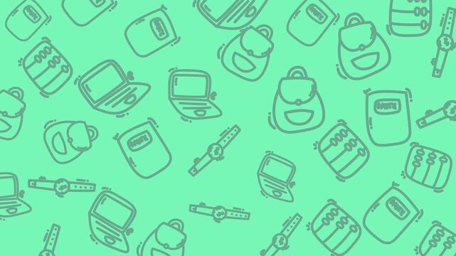 A repeating pattern of school supplies, including backpacks, laptops, and watches, on a green background.