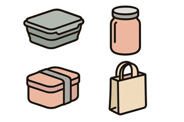 Assortment of eco-friendly reusable containers like lunch boxes, glass jar, and canvas shopping bag