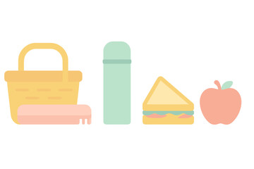 Picnic essentials set with basket, insulated bottle, sandwich, and apple