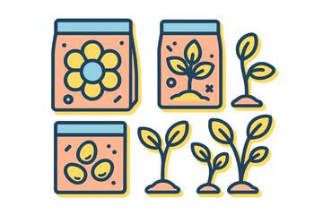Set of colorful icons depicting seed packets, sprouting seeds, and stages of young plant growth