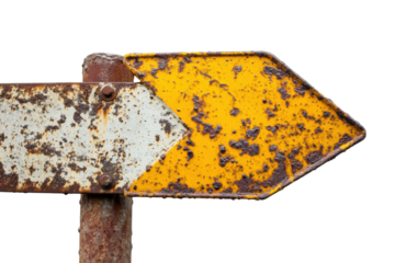 Rusty directional arrow sign pointing right isolated on transparent background. Rusty yellow road sign arrow pointing left isolated on white background.