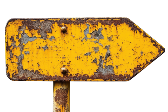 Rusty directional arrow sign pointing right isolated on transparent background. Rusty yellow road sign arrow pointing left isolated on white background.