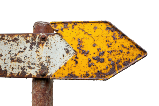Rusty directional arrow sign pointing right isolated on transparent background. Rusty yellow road sign arrow pointing left isolated on white background.