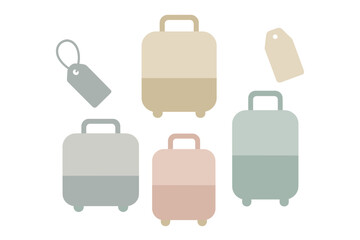 Minimalist travel luggage suitcases and baggage tags collection in soft pastel colors