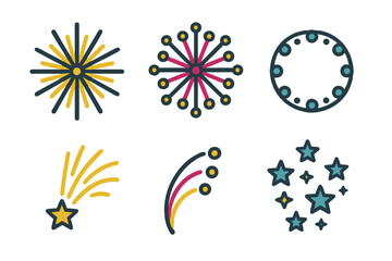 Colorful flat line icons depicting fireworks explosions and sparkling stars