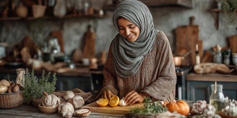 Modern Muslima Cooking. Young Muslim woman smiling and preparing food in a modern, rustic kitchen.