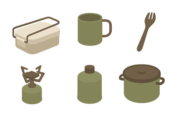 Isometric set of essential camping and hiking cooking equipment including portable stove pot and mug