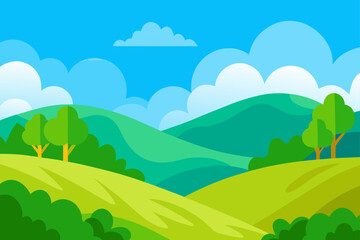 Fototapeta premium Cartoon landscape with hills trees and cloudy sky