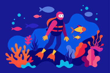 A diver explores the ocean with fish and coral reefs
