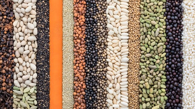 Various spices and grains aligned in vertical rows as a food ingredient background