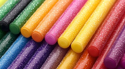 Macro shot of colorful crayon sticks with water droplets background design art