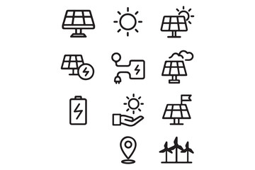 Renewable Energy Icons Set Solar Panels, Sun, Battery, and More