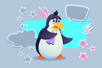 Cartoon penguin standing alone, looking sad and holding purple cloth. Background with colorful shapes and speech bubbles creating an engaging and whimsical scene