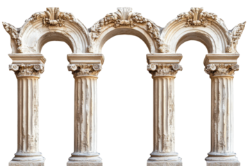 Ornate triple archway with corinthian columns isolated on transparent background. Set of classical column arches isolated on white background.