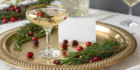 Naklejka premium Holiday cocktail with fresh rosemary and cranberries served on golden tray with decorative ornaments for Christmas or New Year celebration