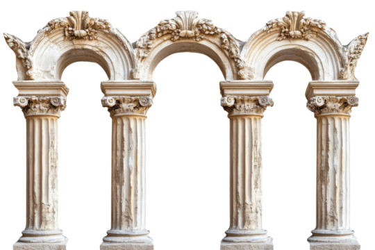 Ornate triple archway with corinthian columns isolated on transparent background. Set of classical column arches isolated on white background.
