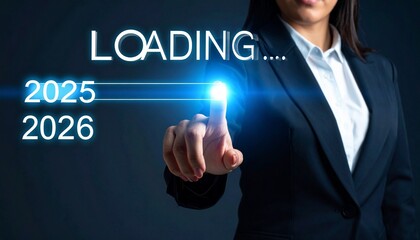 Businessperson touching glowing timeline point between 2023–2026 under “LOADING” text.