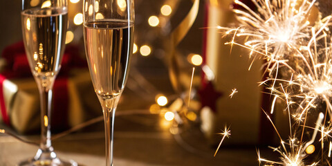 Two people holding champagne glasses with burning sparkler in background arranged for Christmas or New Year’s Eve festive celebration in evening setting