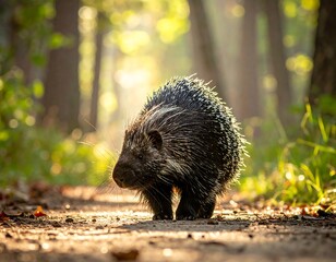 Porcupine walking on forest path in sunlight