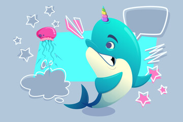 Playful narwhal with colorful unicorn horn smiling while interacting with jellyfish. Background with fun shapes and stars creating whimsical atmosphere