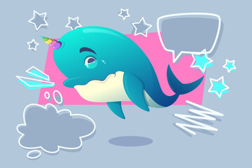 Happy narwhal swimming in playful design with unicorn horn. Surrounding elements including stars and speech bubbles, creating whimsical underwater scene suitable for all ages