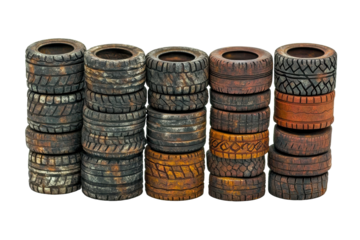 Collection of stacked weathered vintage tires isolated on transparent background. Set of old dirty tire stacks isolated on white background.