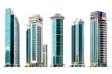 Modern glass skyscrapers isolated on transparent background. Set of tall modern office buildings isolated on white background.