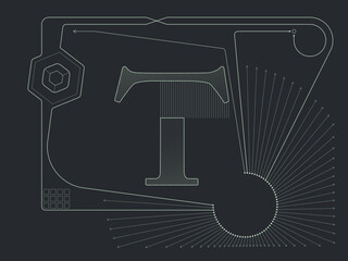 Technical Alphabet Letter T Schematic. Abstract data processing and programming font concept