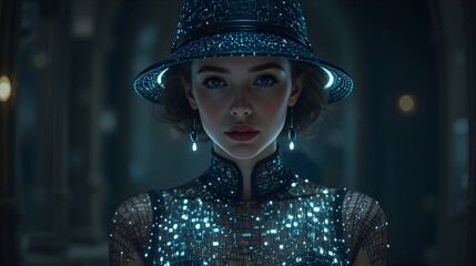 Futuristic Cyberpunk Woman with Glowing LED Outfit and Hat – Sci-Fi Portrait in Neon Light