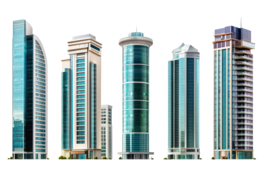 Modern glass skyscrapers isolated on transparent background. Set of tall modern office buildings isolated on white background.