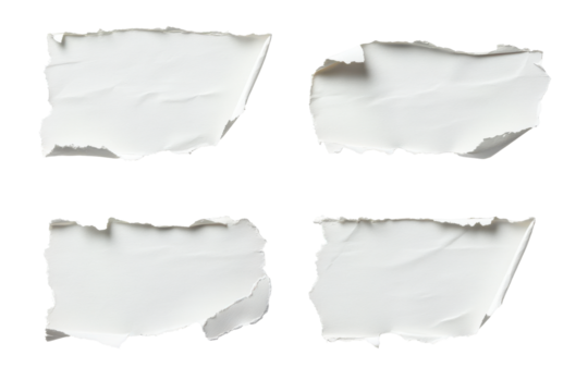 Torn white paper pieces isolated on transparent background. Set of torn paper tear isolated on white background.