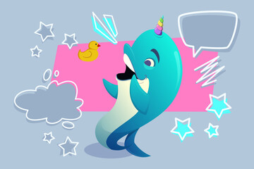 Cheerful dolphin with unicorn horn smiling and playing with rubber duck. Colorful stars and speech bubbles surrounding it creating fun, lively atmosphere