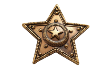 Ornate golden star badge isolated on transparent background. Star badge isolated on white background.