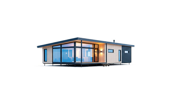 Modern tiny house with large windows isolated on white background, showcasing minimalist design and sustainable living in a compact space