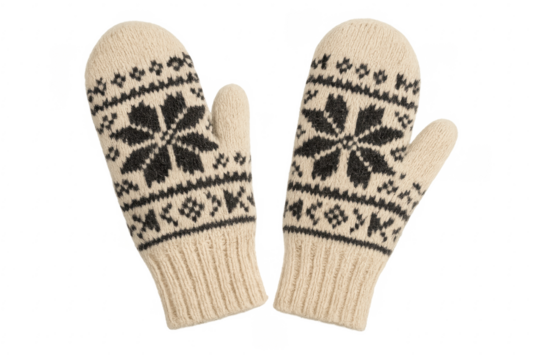 Pair of woolen knitted mittens with snowflake pattern