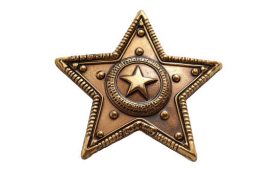 Ornate golden star badge isolated on transparent background. Star badge isolated on white background.