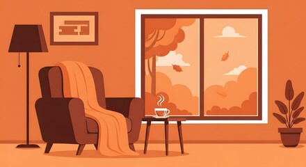 Cozy living room with armchair and autumn view from window. Seasonal home interior. Warm fall decor and comfortable atmosphere illustration
