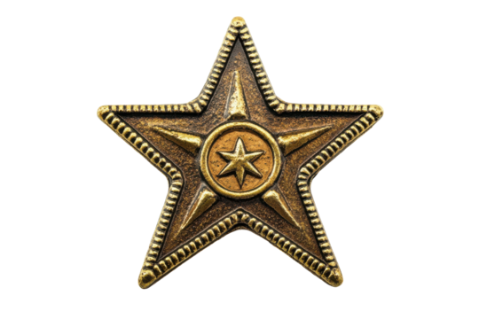 Antique bronze five pointed star medal with intricate details isolated on transparent background. Star badge isolated on white background.