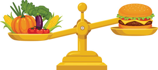 Healthy vegetables and fast food burger balance on golden scale, concept of healthy lifestyle, diet choice, nutrition comparison, and weight management