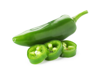 Whole and sliced green jalapeno peppers isolated on white