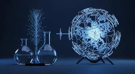 A futuristic scientific setup featuring glass beakers, a glowing fiber optic plant, and a complex spherical data processing unit in a dark blue environment.