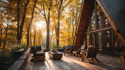 Captivating scene of a cabin's wooden deck with cozy furniture, surrounded by a vibrant autumn forest bathed in warm sunlight, creating a welcoming and serene outdoor living space, ideal for...