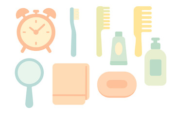 Flat design assortment of personal hygiene items and morning routine objects on a white background