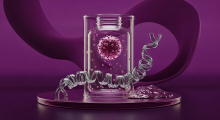 Virus in a jar with DNA strands on a purple background.