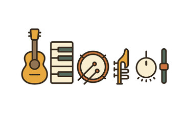 Stylized icons representing various musical instruments and sound mixing equipment